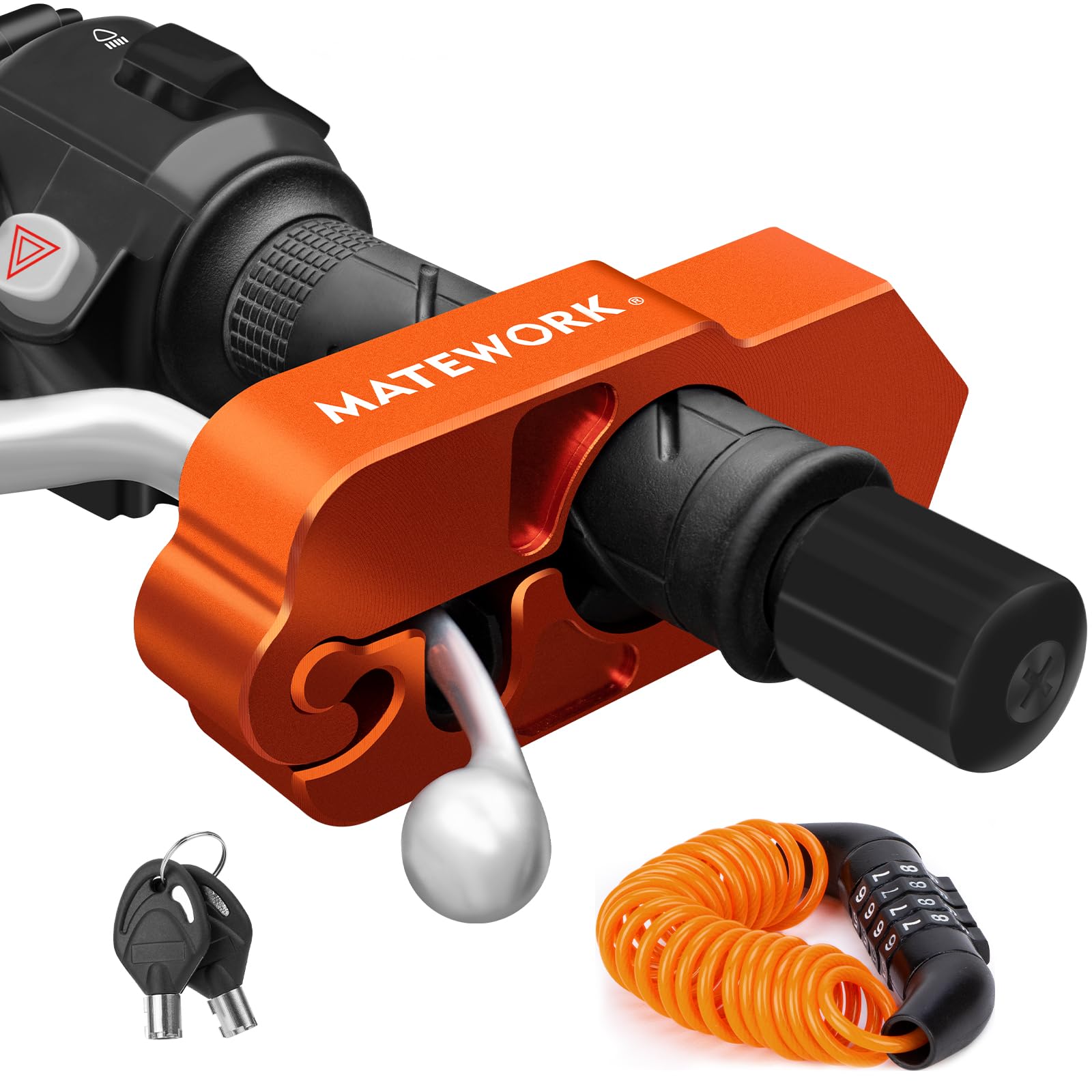 Matework motorcycle lock front view showing rugged security and orange color