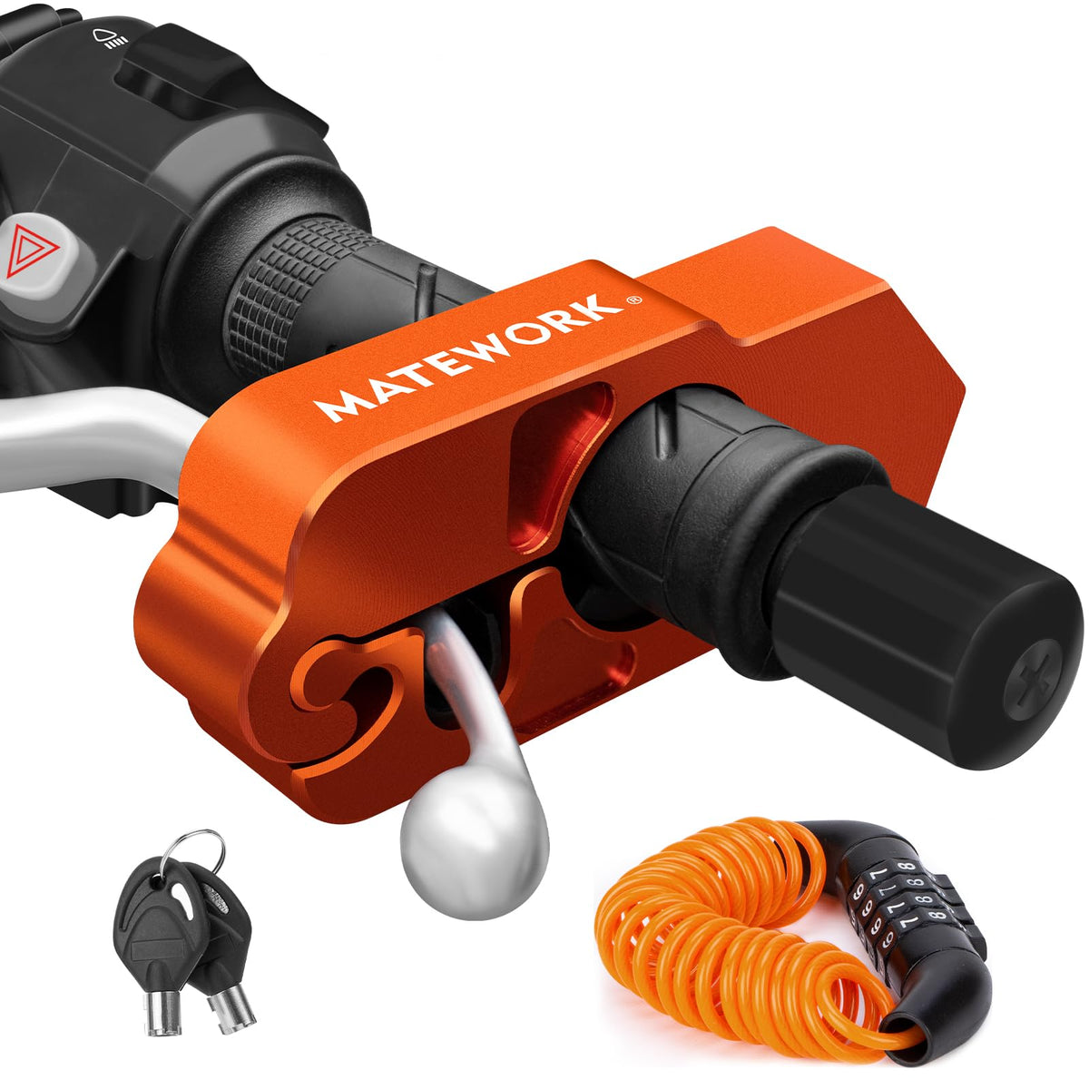 Matework motorcycle lock front view showing rugged security and orange color