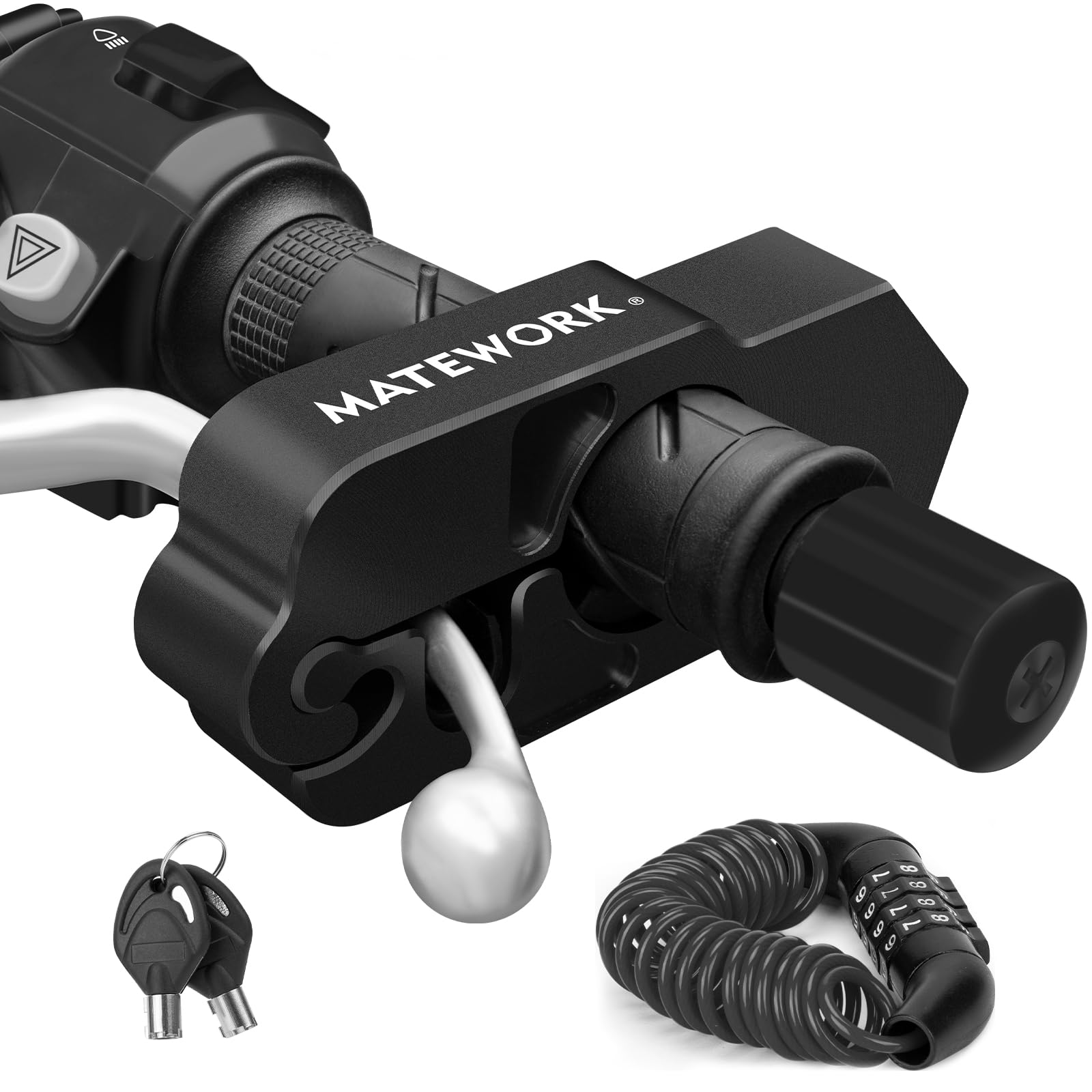 Matework motorcycle lock heavy-duty body deters theft with CNC aluminum design.