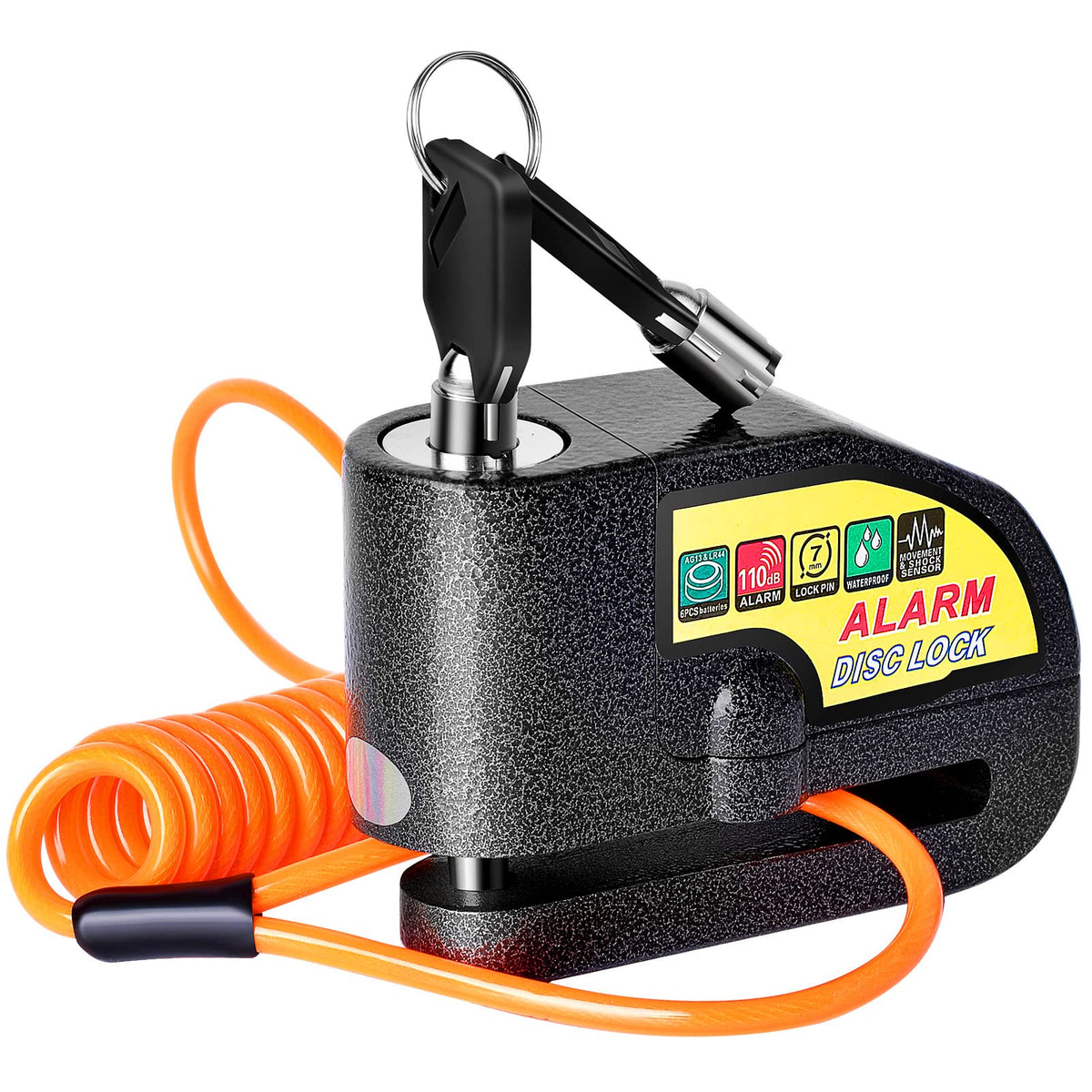 Mathtoxyz motorcycle alarm disc lock front view, rugged protection for outdoor parking.