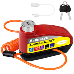 Mathtoxyz motorcycle disc lock with alarm engaged on the disc brake for theft deterrence