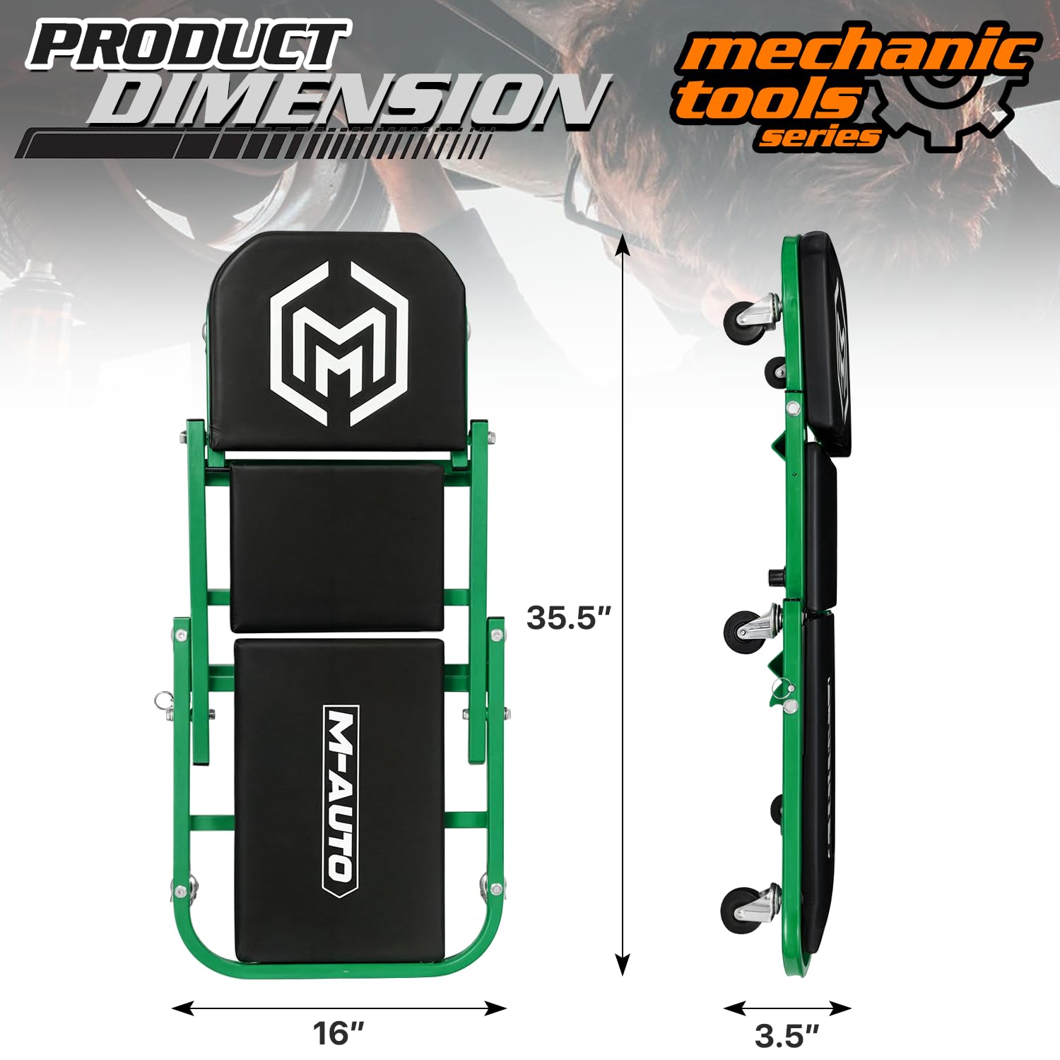 M-AUTO Z creeper converted to seat for comfortable maintenance.