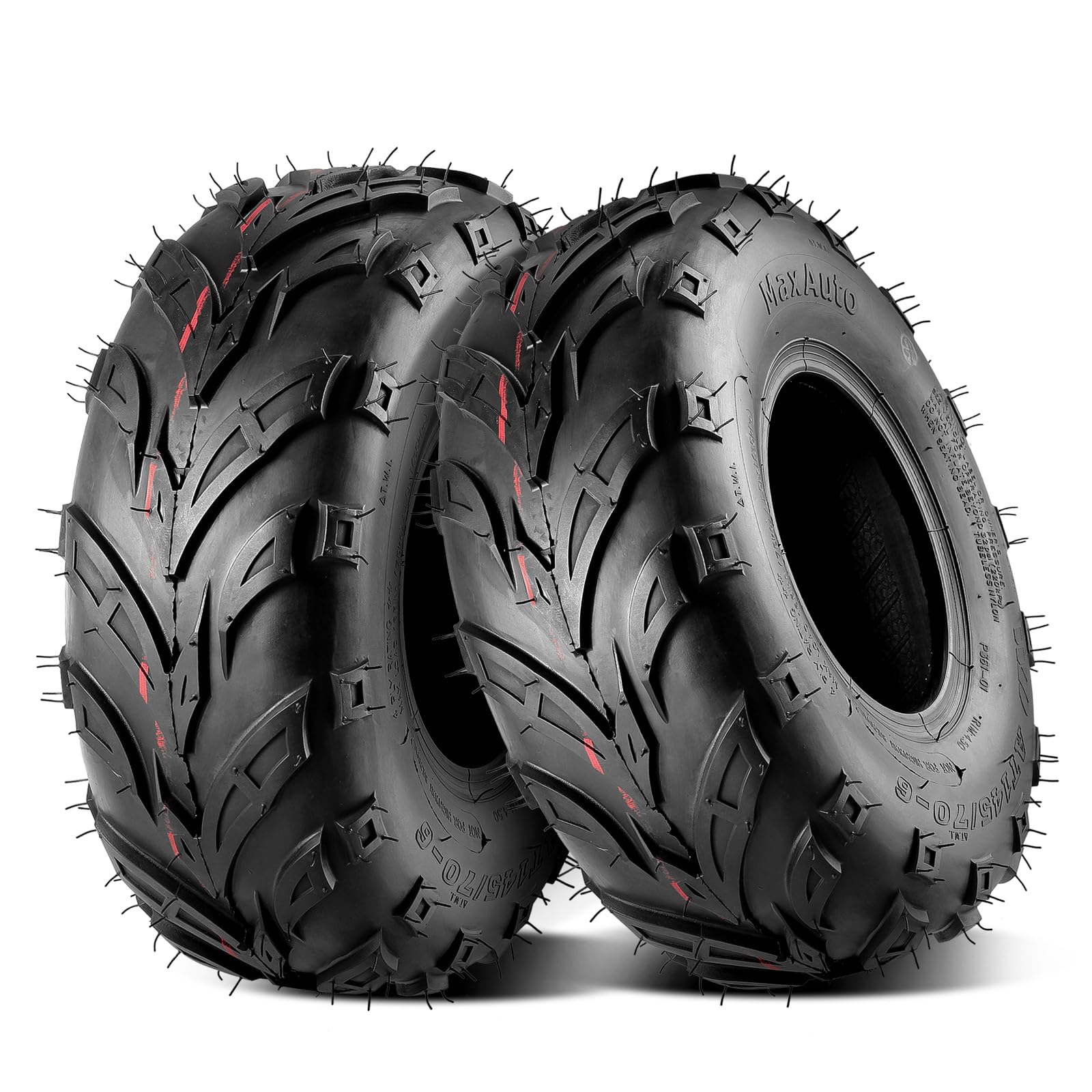 MaxAuto 145/70-6 tire side view highlights compact ATV tire design for small vehicles.