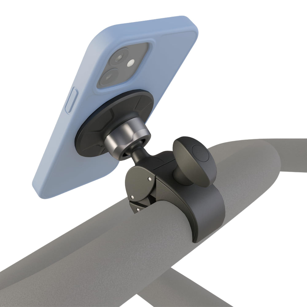 Maxby magnetic phone and tablet holder on Peloton mount for secure on-bike viewing
