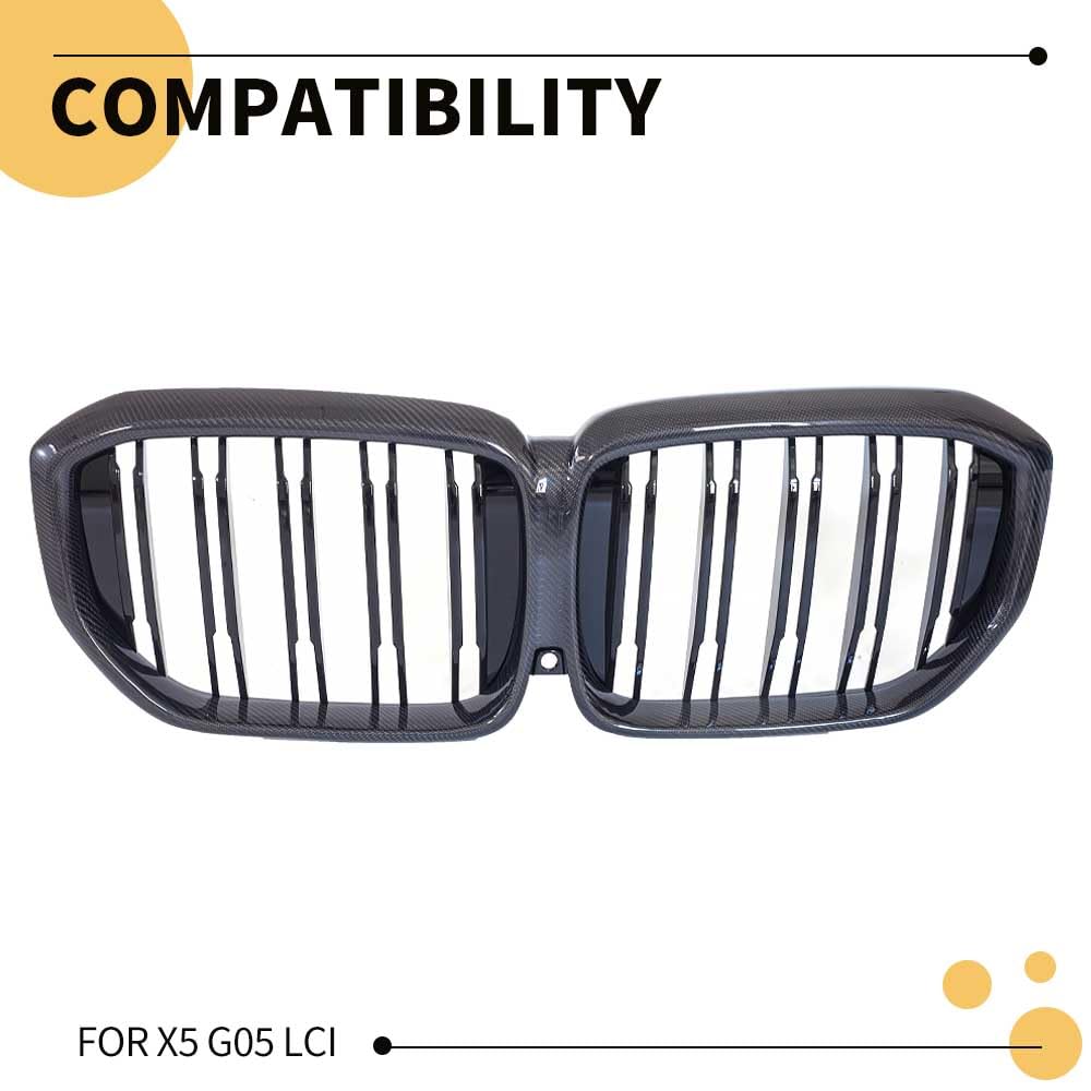 MAXDOM real carbon fiber front upper grill preserves OEM clip fit for BMW X5 G05 LCI.