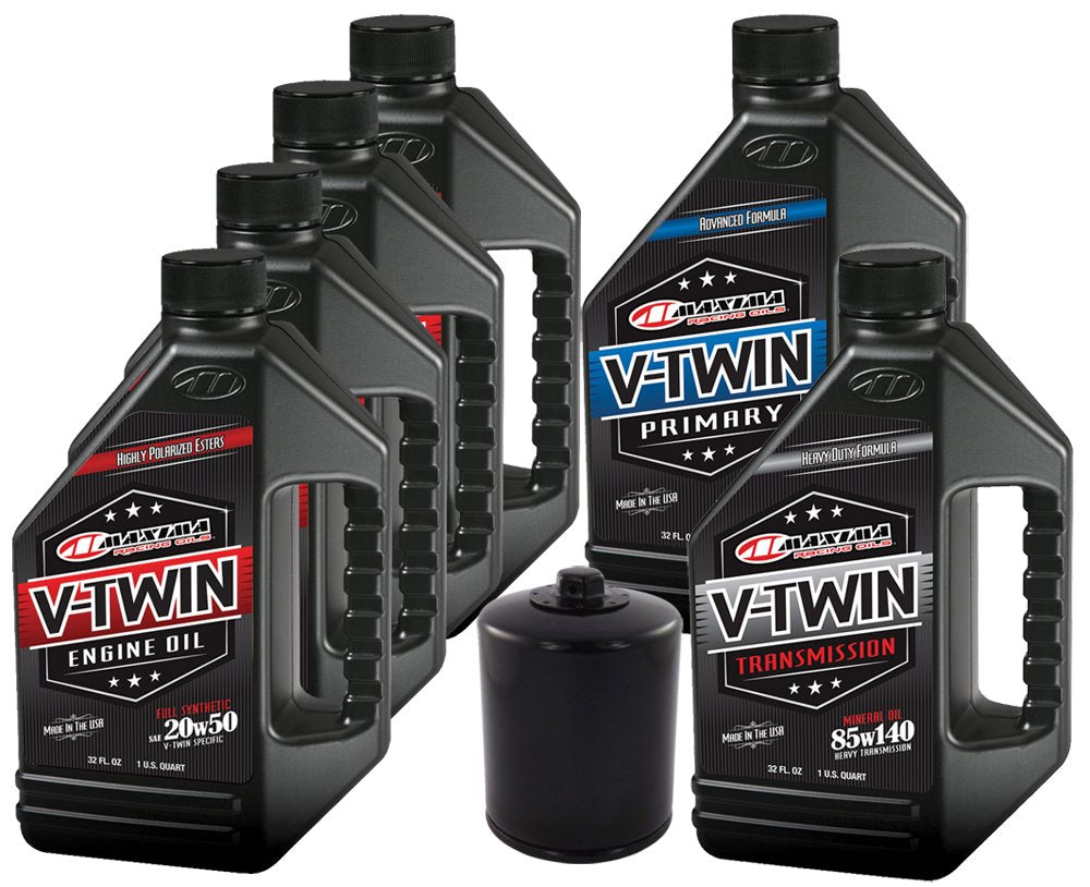 MaxHiflo VTTOCK14 engine oil bottle showcases ester-based full synthetic protection for V-Twin engines