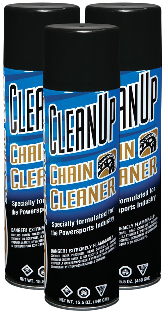 Maxima Clean Up aerosol can, front view, cleans chains without harming O-rings.