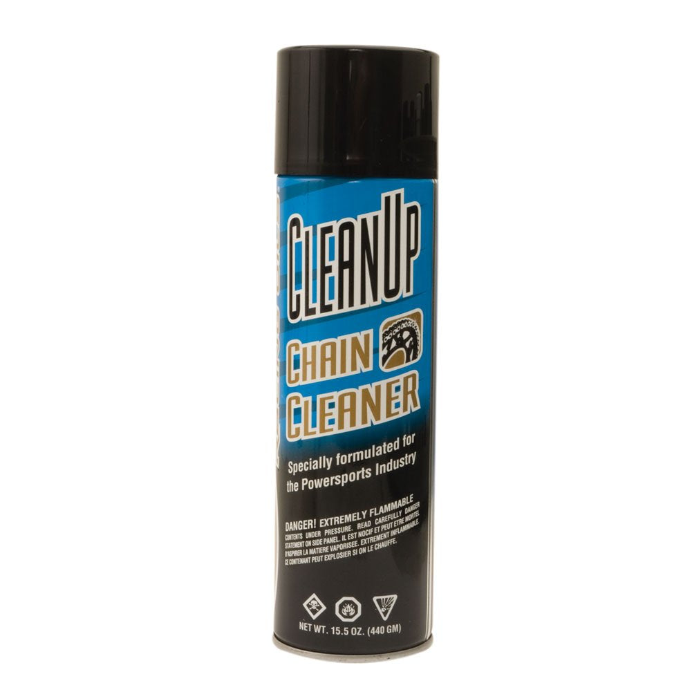 Maxima Clean-Up chain cleaner aerosol bottle cleans chains safely, protecting O-rings and aluminum surfaces.