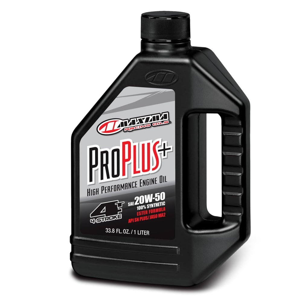 Maxima Pro Plus+ 10W40 synthetic bottle highlighting ester-fortified formula for engine protection and smooth clutch feel