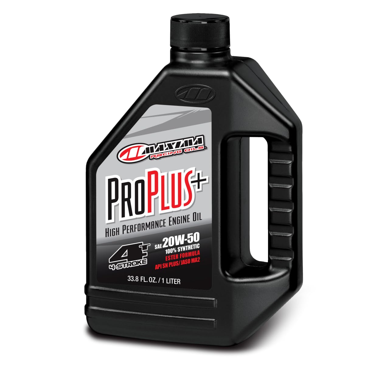 Maxima Pro Plus+ 10W40 synthetic bottle highlighting ester-fortified formula for engine protection and smooth clutch feel