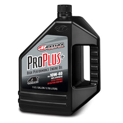Maxima Pro Plus+ 10w50 bottle highlights ester-fortified oil for 4-stroke engines and smooth operation.