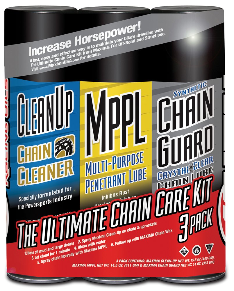 Maxima Syn Chain Guard kit pack shot showing three products for on/off-road chain care