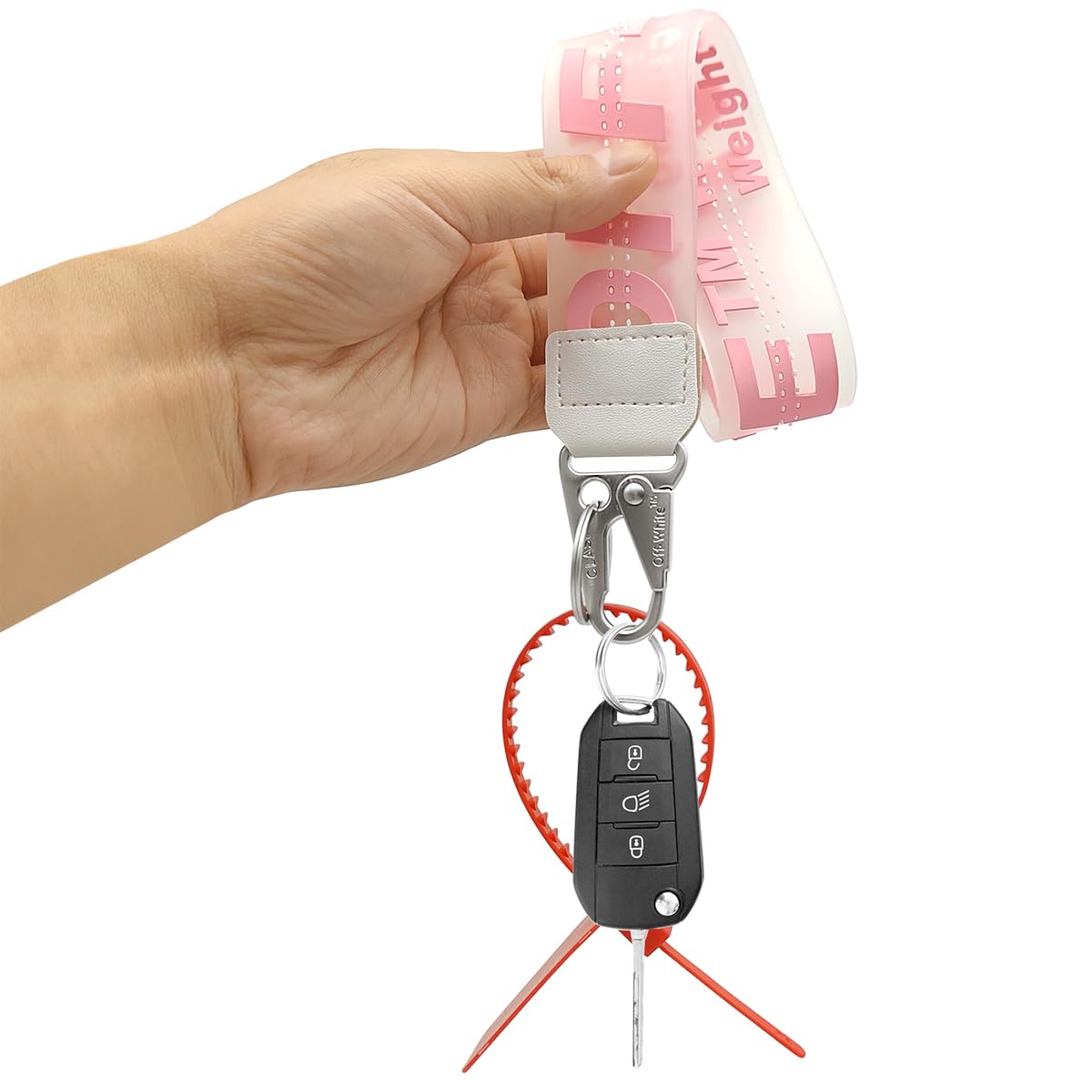 Detail of pink letters on Maxin keychain lanyard for personalization
