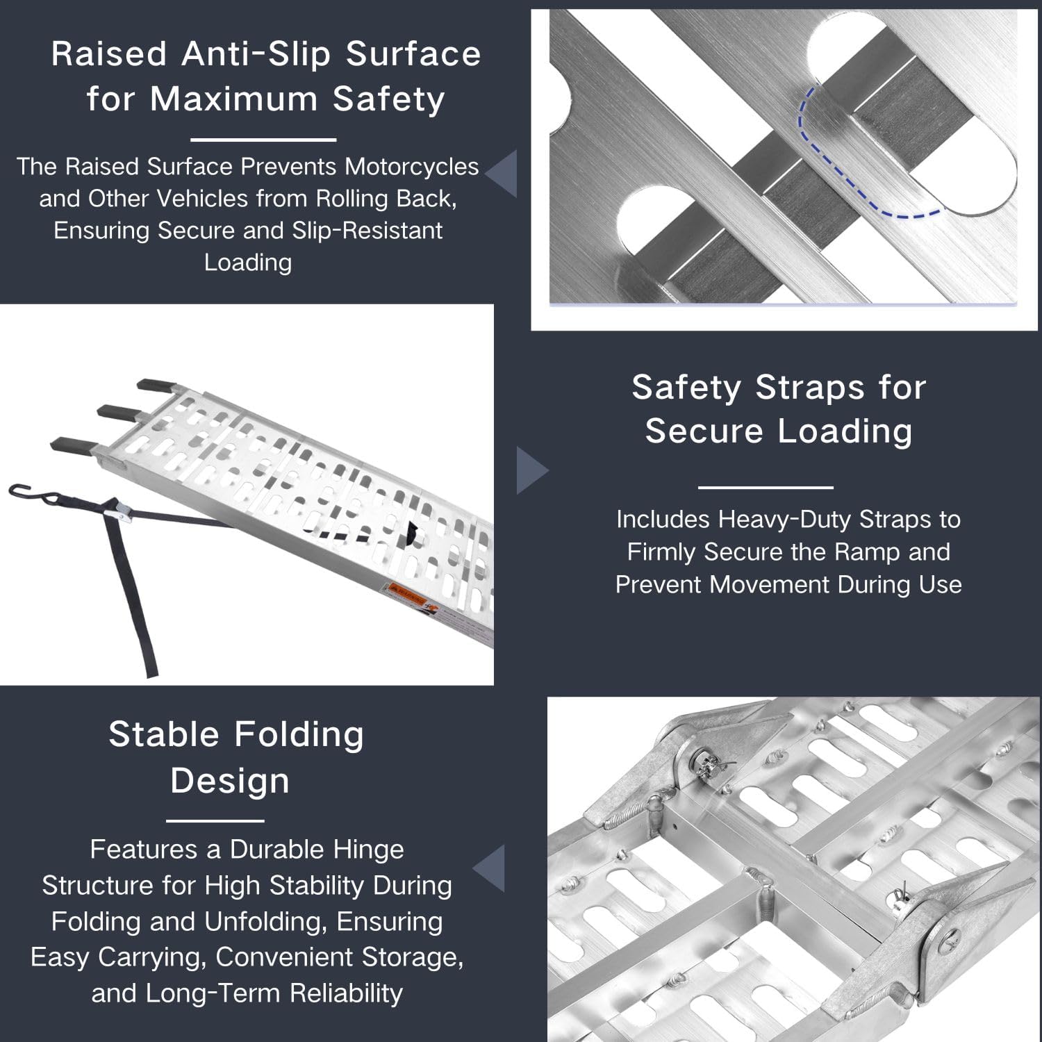 MAXIVAMN ramps show adjustable load straps for secure tie-down during transport.