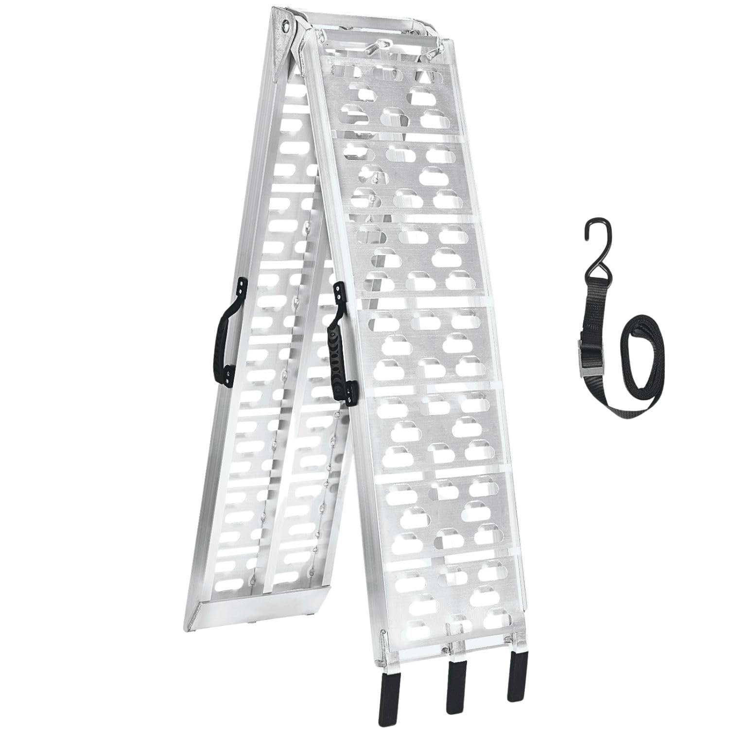 MAXIVAMN aluminum motorcycle ramp with handle for easy transport and loading.
