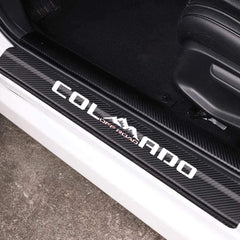 MAXMILO car door sill protector in reflective carbon fiber leather; guards sills while adding rugged style
