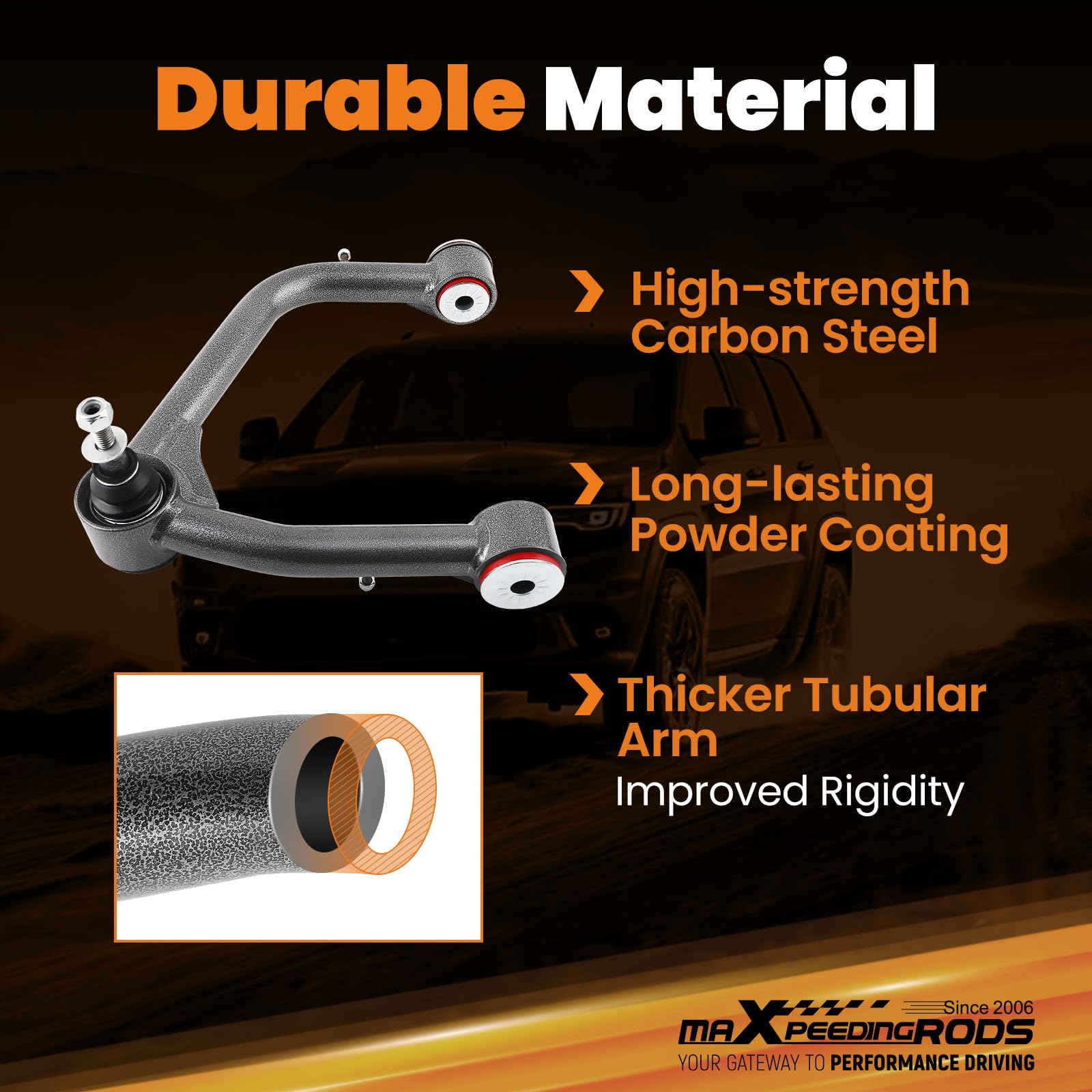 maXpeedingrods lifted arm-fitment for 2-4 inch lifts enhances on-road stability.
