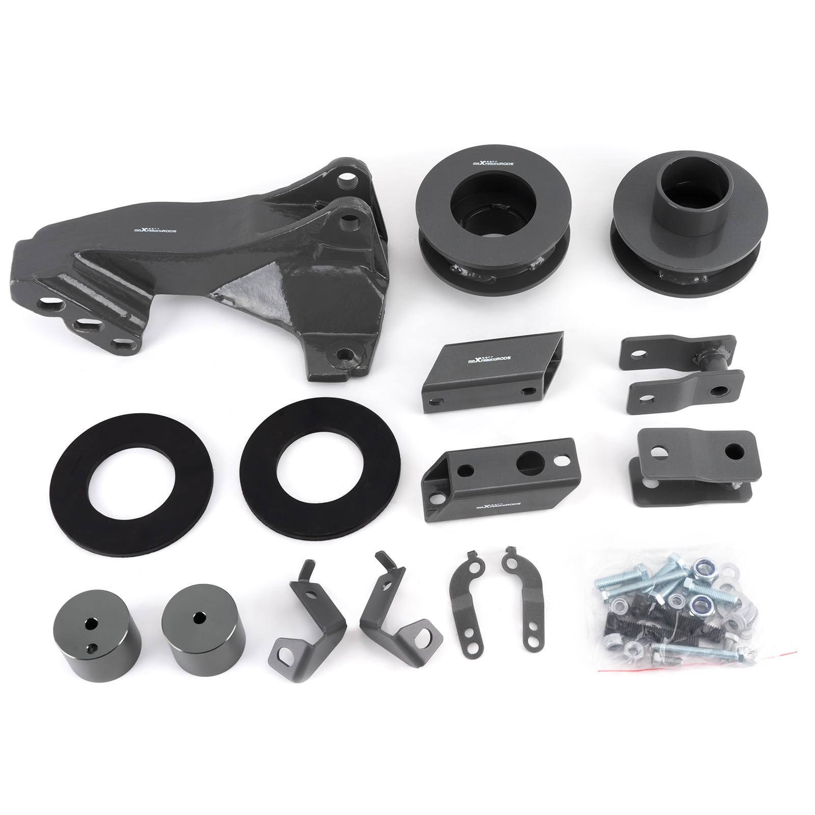 MaXpeedingrods 2.5-inch front strut spacer on Ford F-250 improves ground clearance.