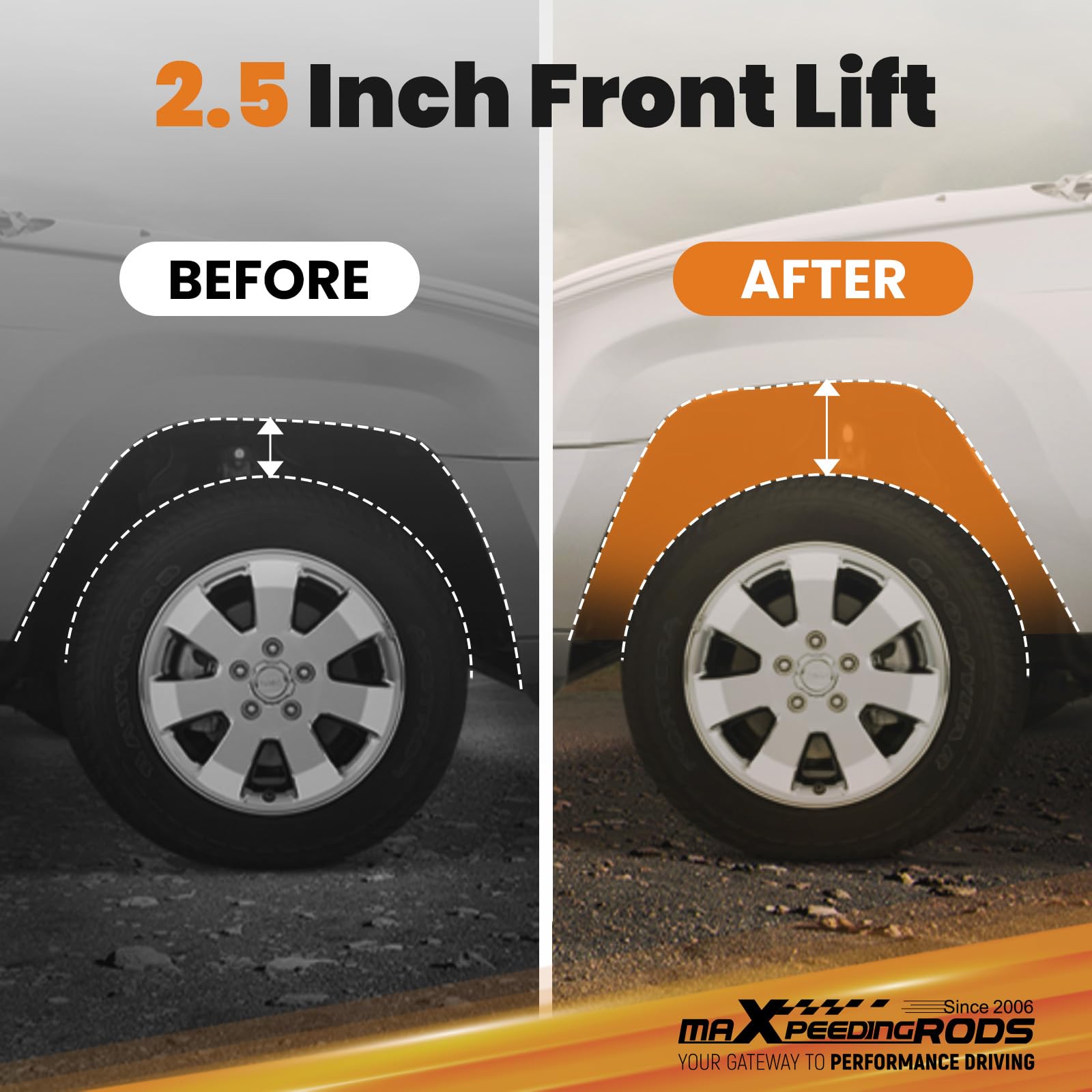 MaXpeedingrods 2.5-inch front strut spacer on Ford F-350 enhances off-road readiness.