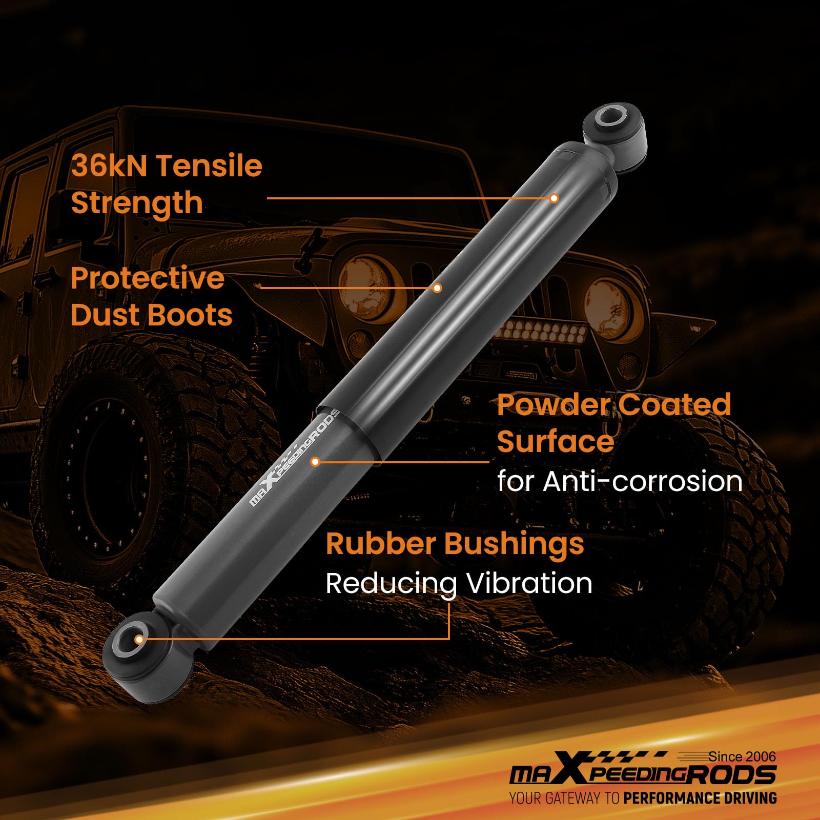 maXpeedingrods rear lowering shock for Silverado 1500 shown from rear view for stance.