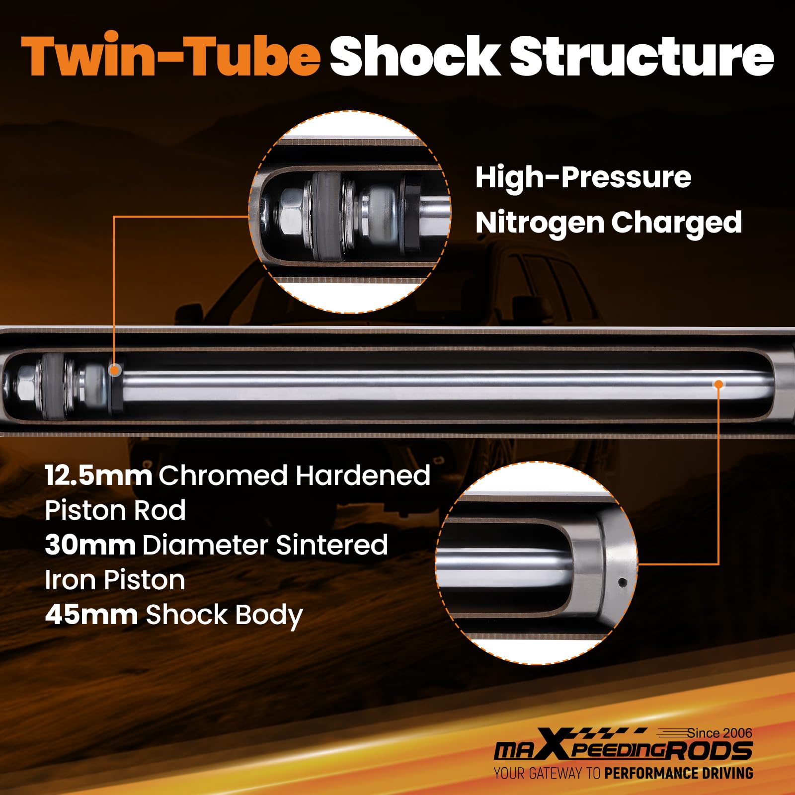 Nitrogen-charged twin-tube maXpeedingrods shock design details for lowered suspensions.