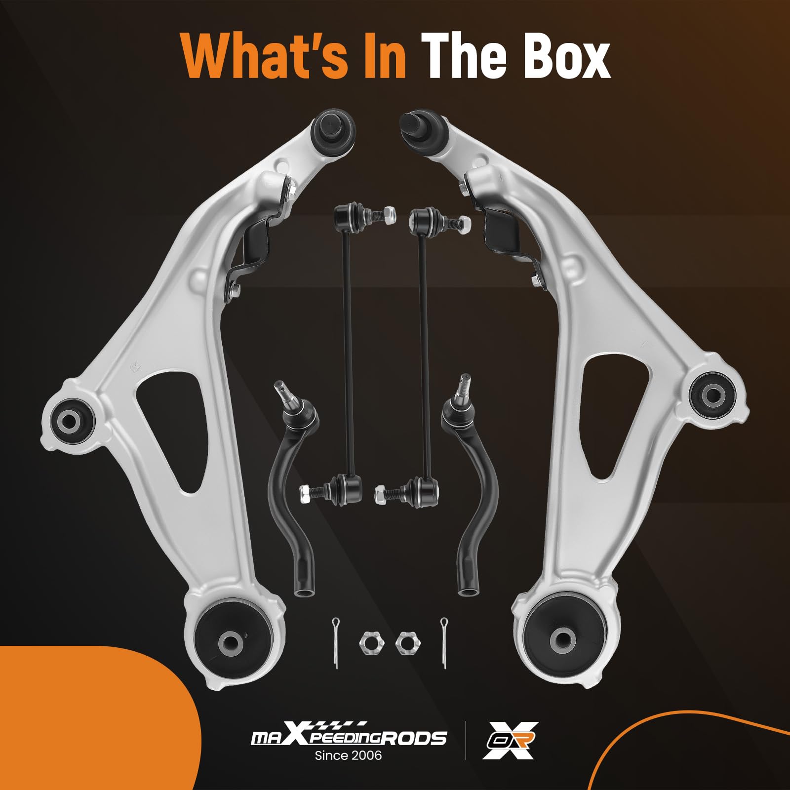 maXpeedingrods aluminum front control arm highlights lightweight strength and corrosion resistance.