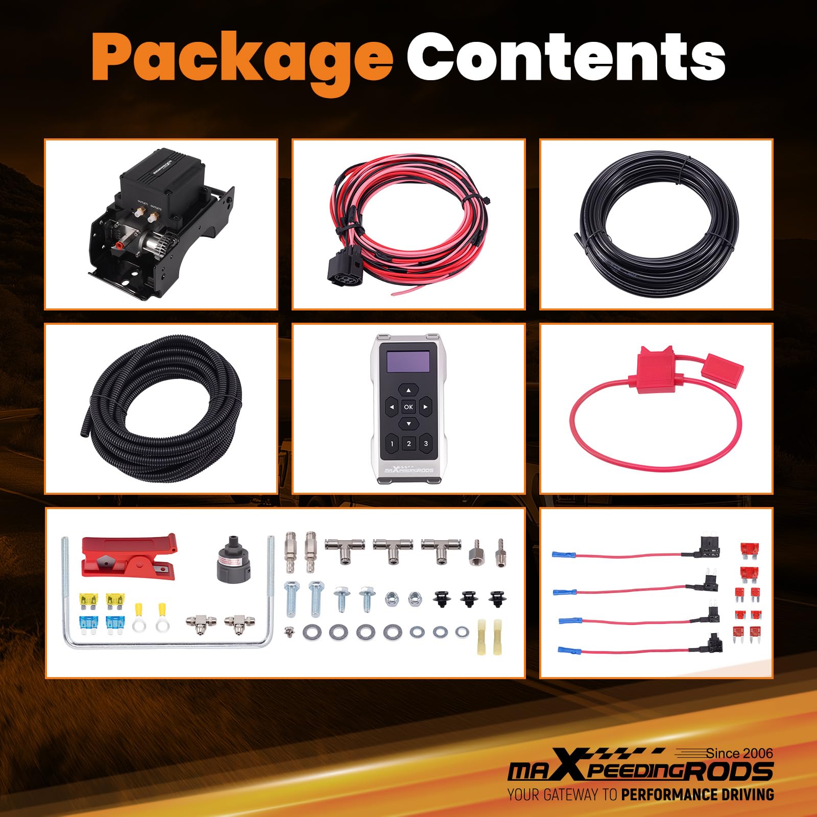 maXpeedingrods easy-installation kit with mounting hardware and hoses