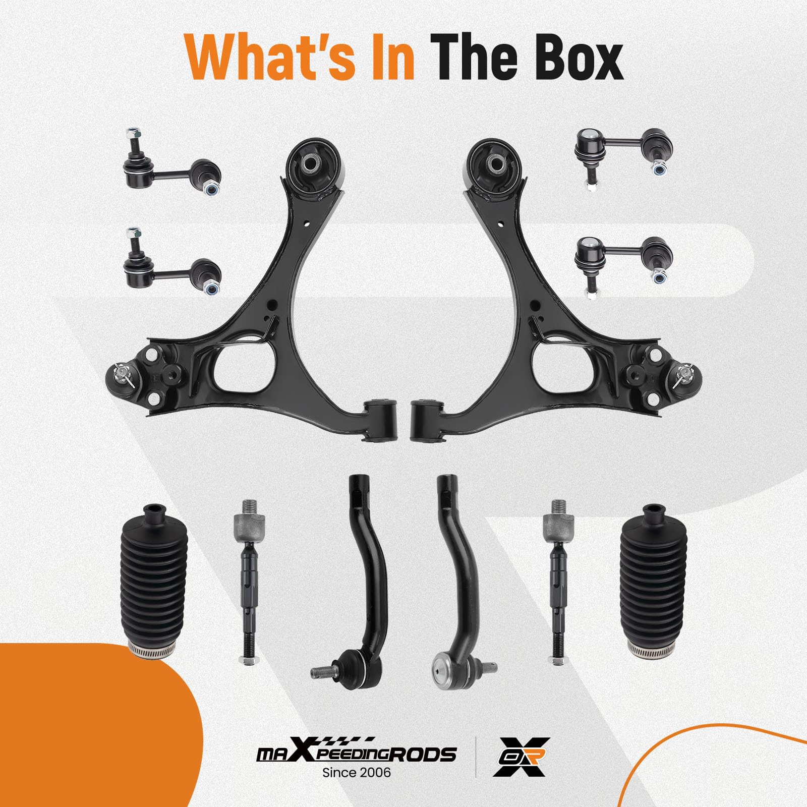 maXpeedingrods front suspension kit components are neatly organized for installation.