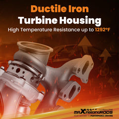 maXpeedingrods turbine housing close-up shows high-heat resistance for tough road use.