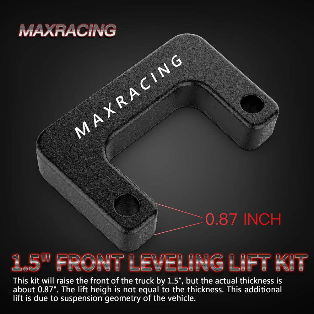 MAXRACING 1.5 leveling kit installation steps showing simple bolt on process.
