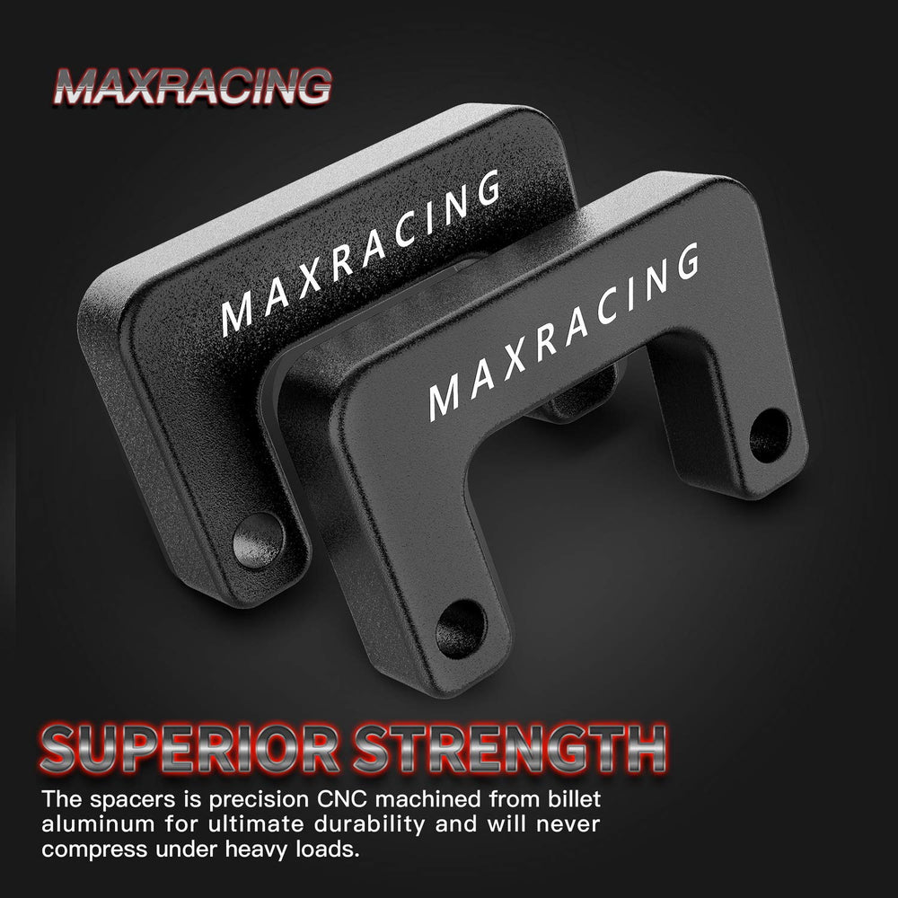 MAXRACING billet aluminum leveling kit in black anodized finish complements factory suspension aesthetics