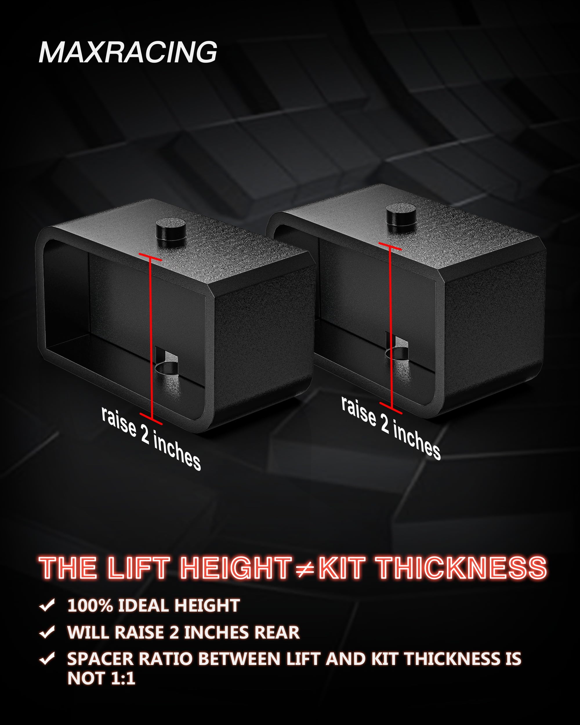 MAXRACING rear lift blocks maintain OEM ride feel while increasing ground clearance on trucks
