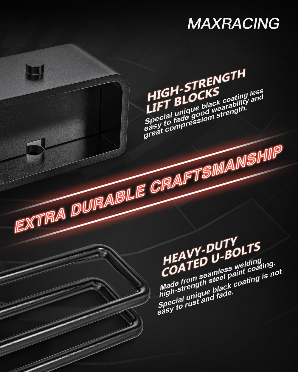 MAXRACING packaged kit includes spacers, blocks and hardware for a complete upgrade