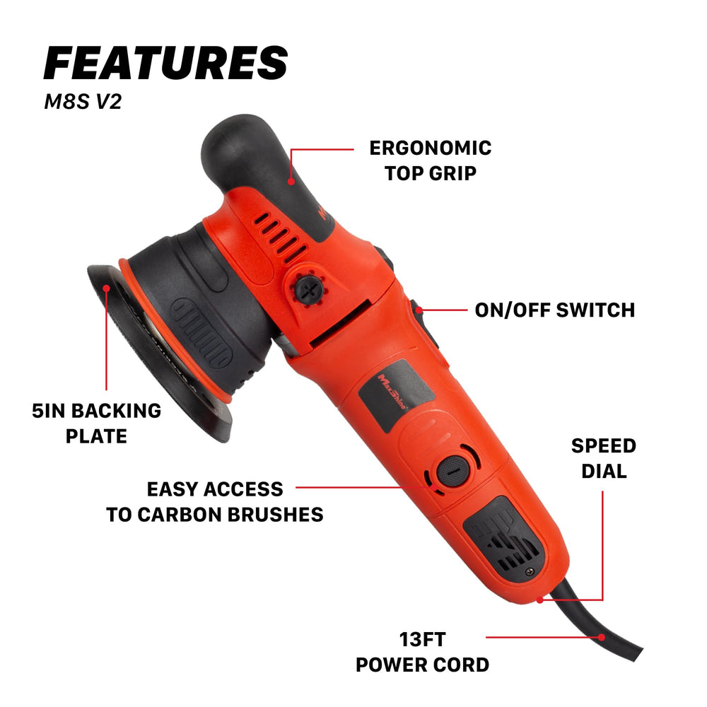Maxshine M8S V2 polisher with 5-inch backing plate enabling precise finishing.