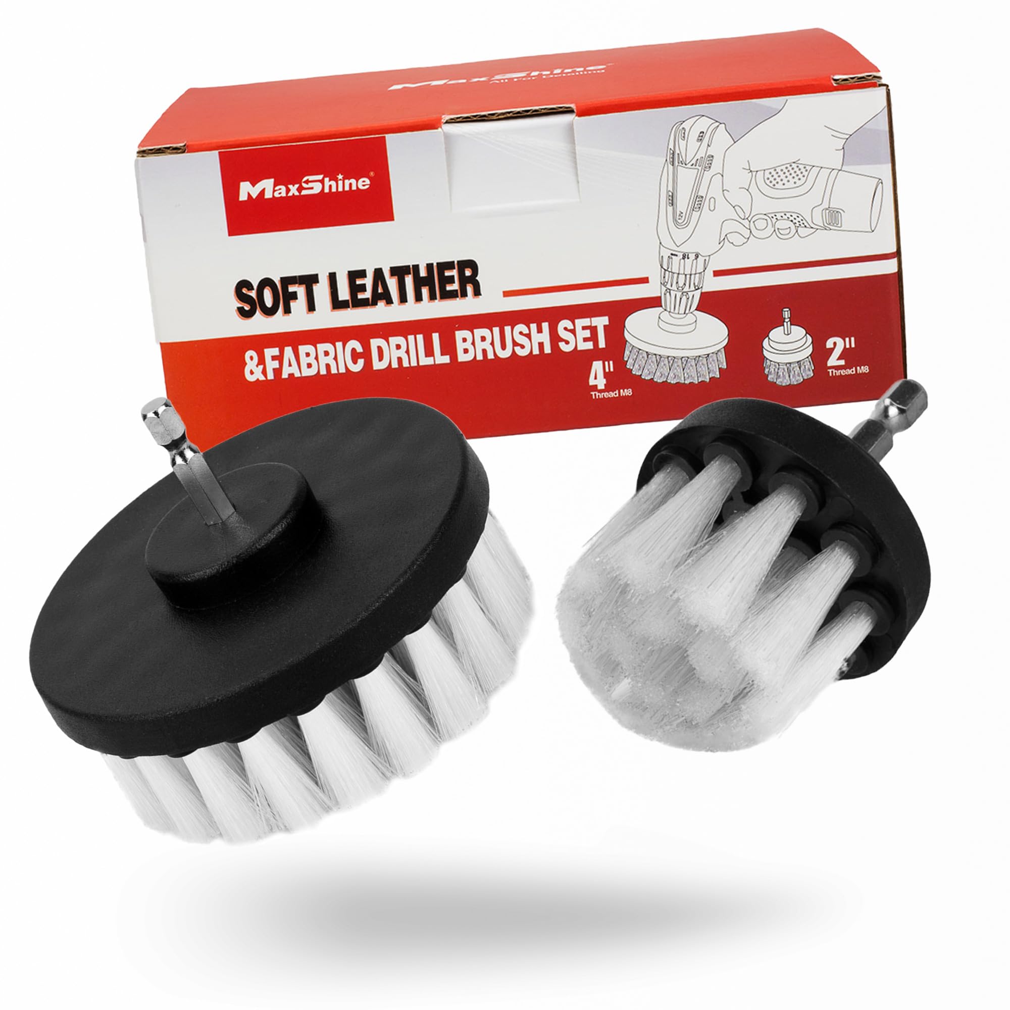 Maxshine 2-inch soft-bristle drill brush for gentle leather cleaning.