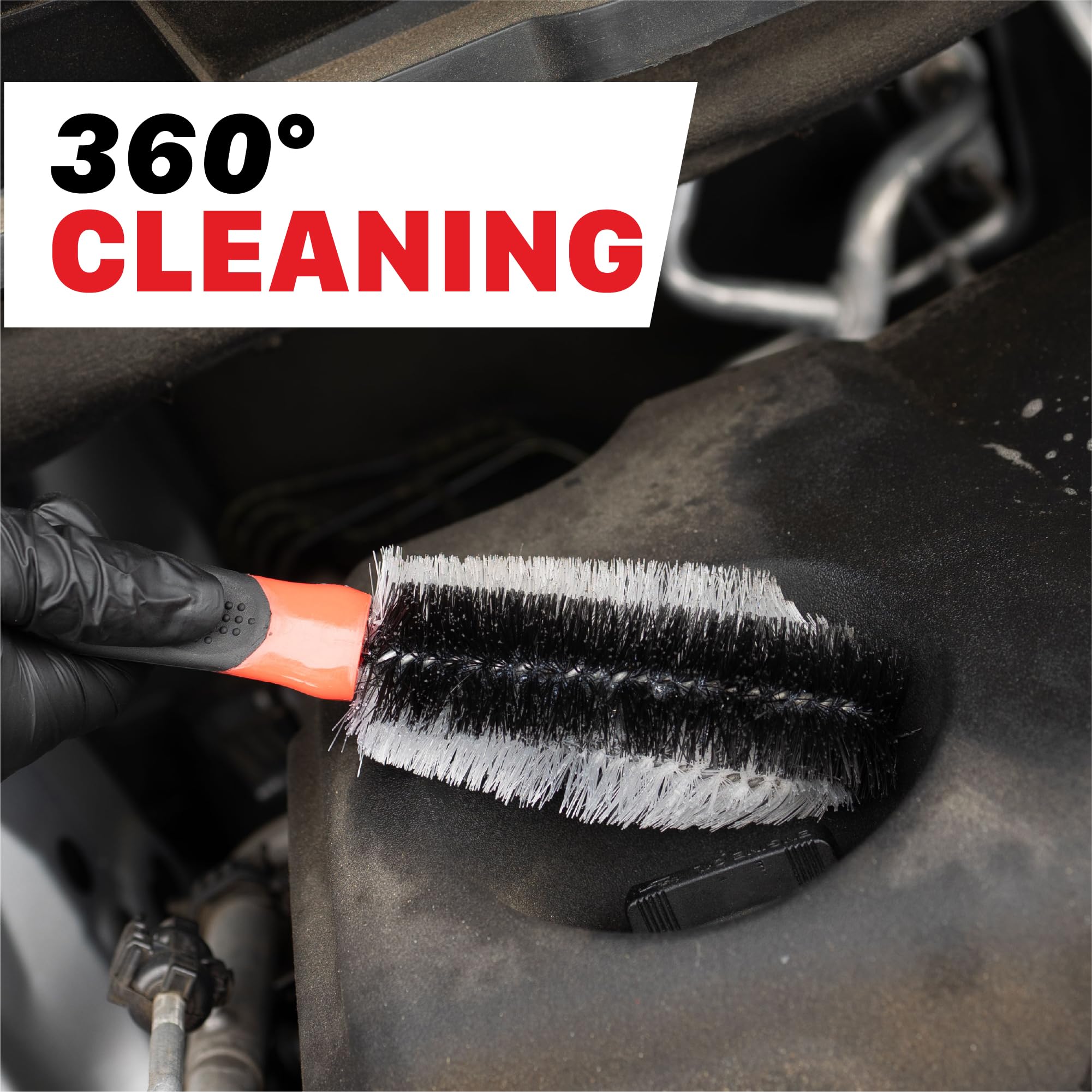 Maxshine Universal 360° Brush grill-cleaning shows safe scrubbing on grills and vents.