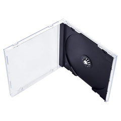 Maxtek standard CD jewel case with black tray, insert clips for secure labeling.