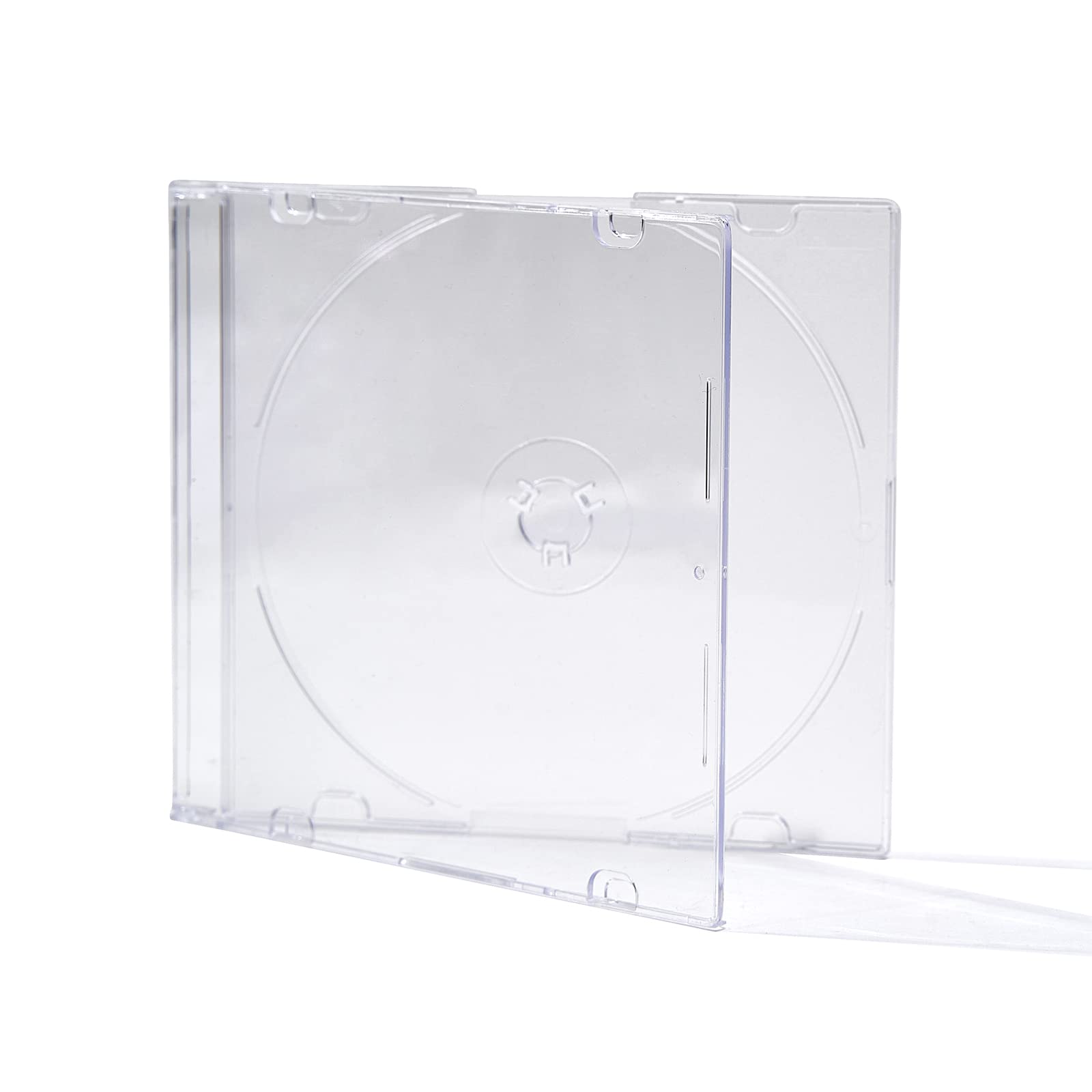 Maxtek ultra-thin CD jewel case with 5.2mm profile and clear frost tray for compact storage.