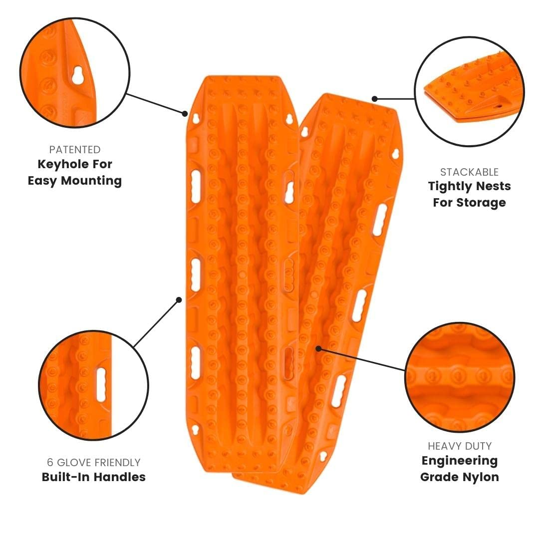 Maxtrax MKII safety orange board side view on a roof rack for easy transport