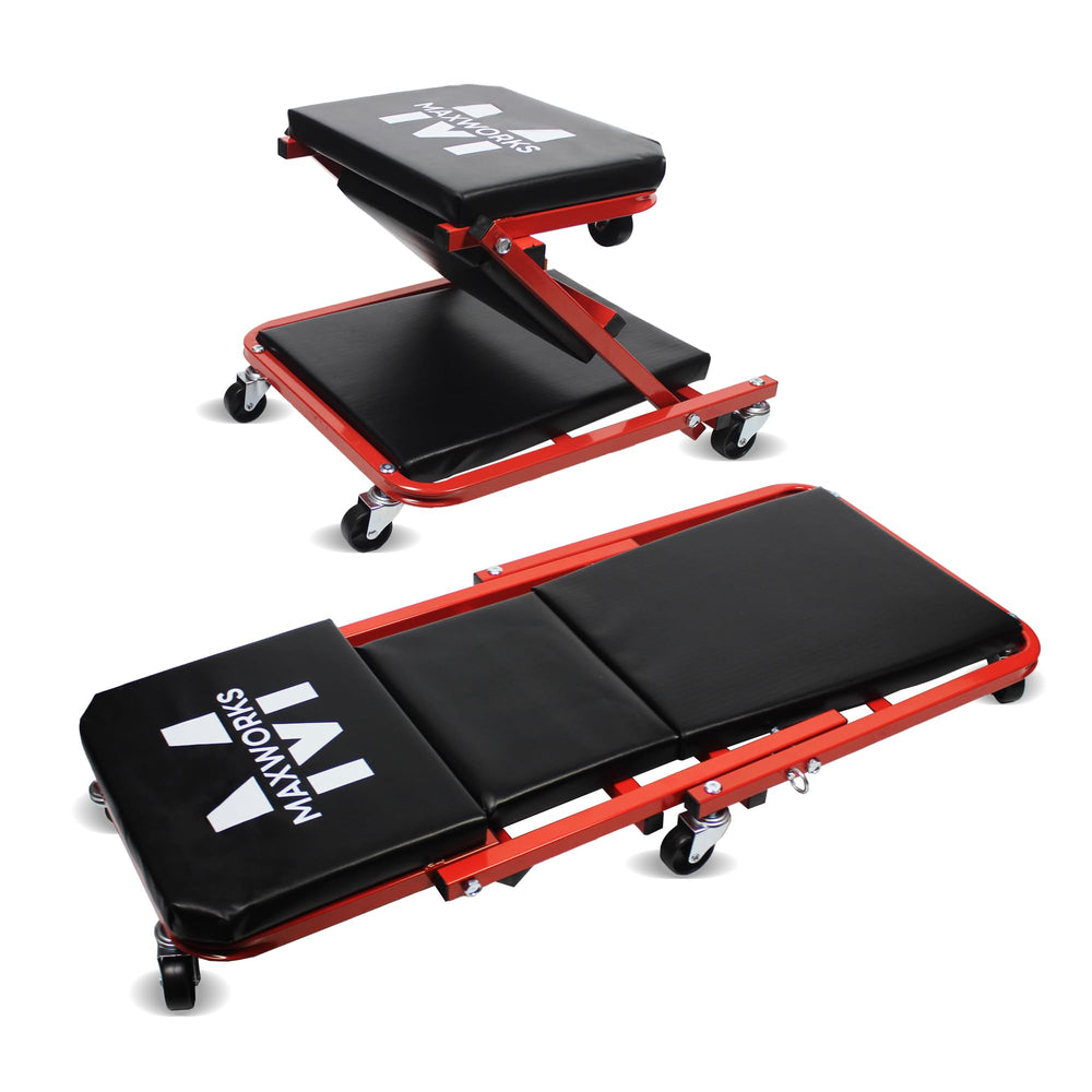 MaxWorks 50873 2-in-1 creeper-seat on a 36-inch frame for versatile maintenance tasks