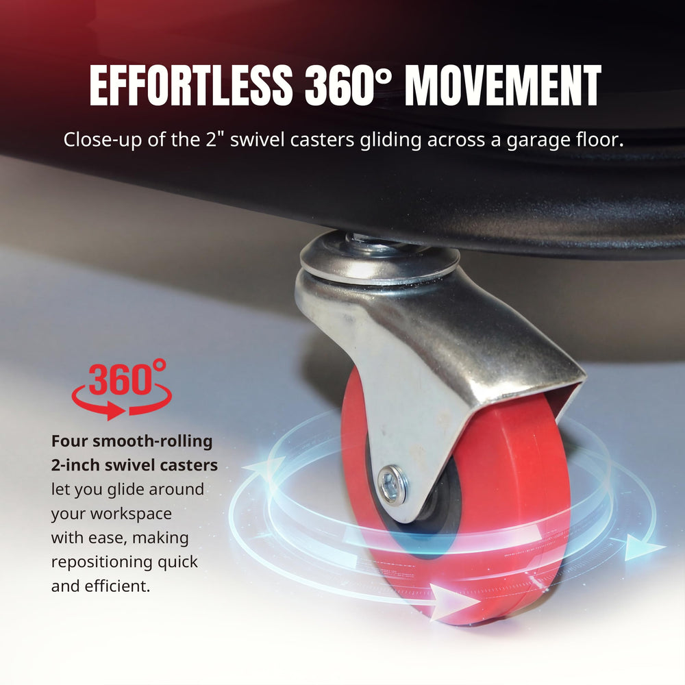 MaxWorks roller seat with 2in swivel casters enables smooth movement on concrete.