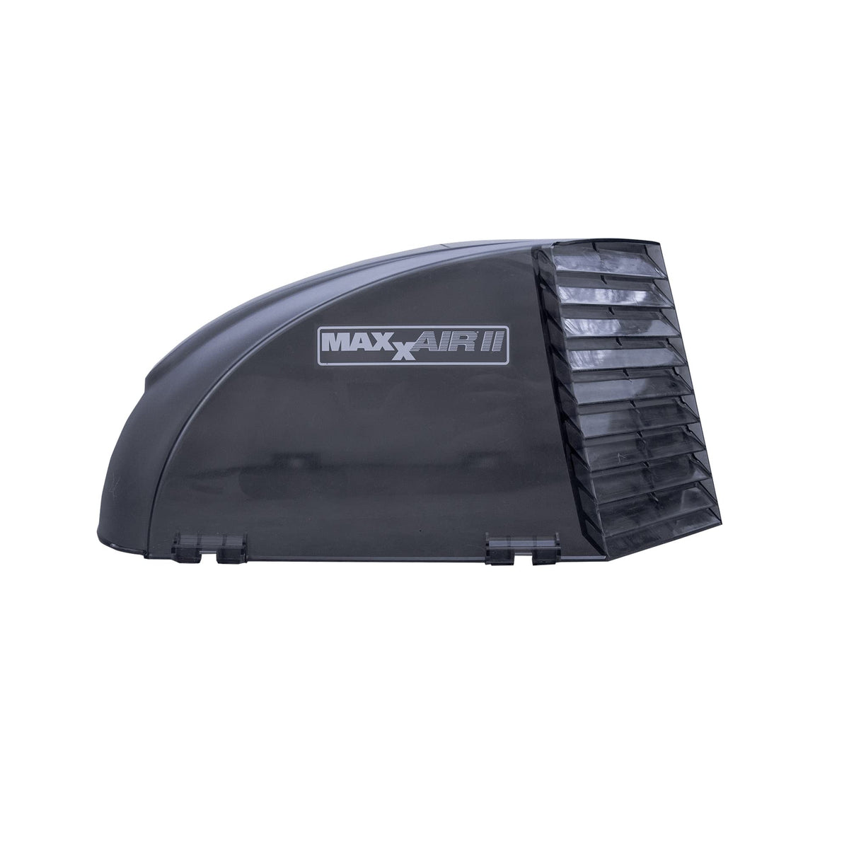 MAXXAIR Maxx II vent cover in smoke, side view, enhances rain protection while maintaining airflow.