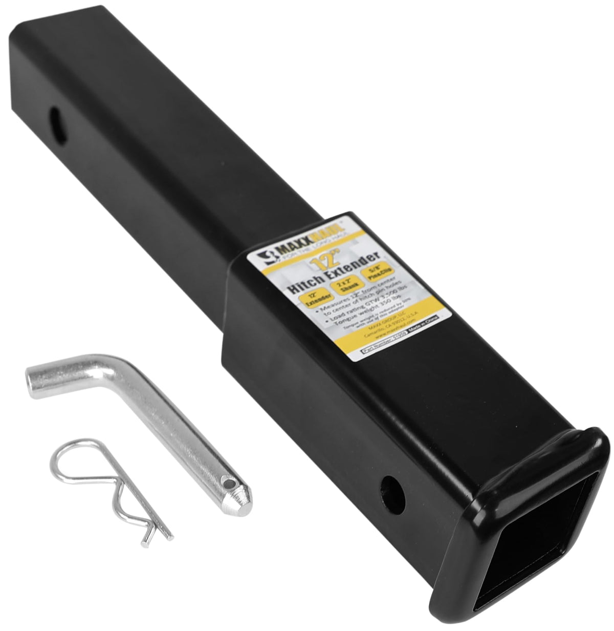 MAXXHAUL 12-inch hitch extension with 2x2 receiver shows extra clearance for recessed receivers.