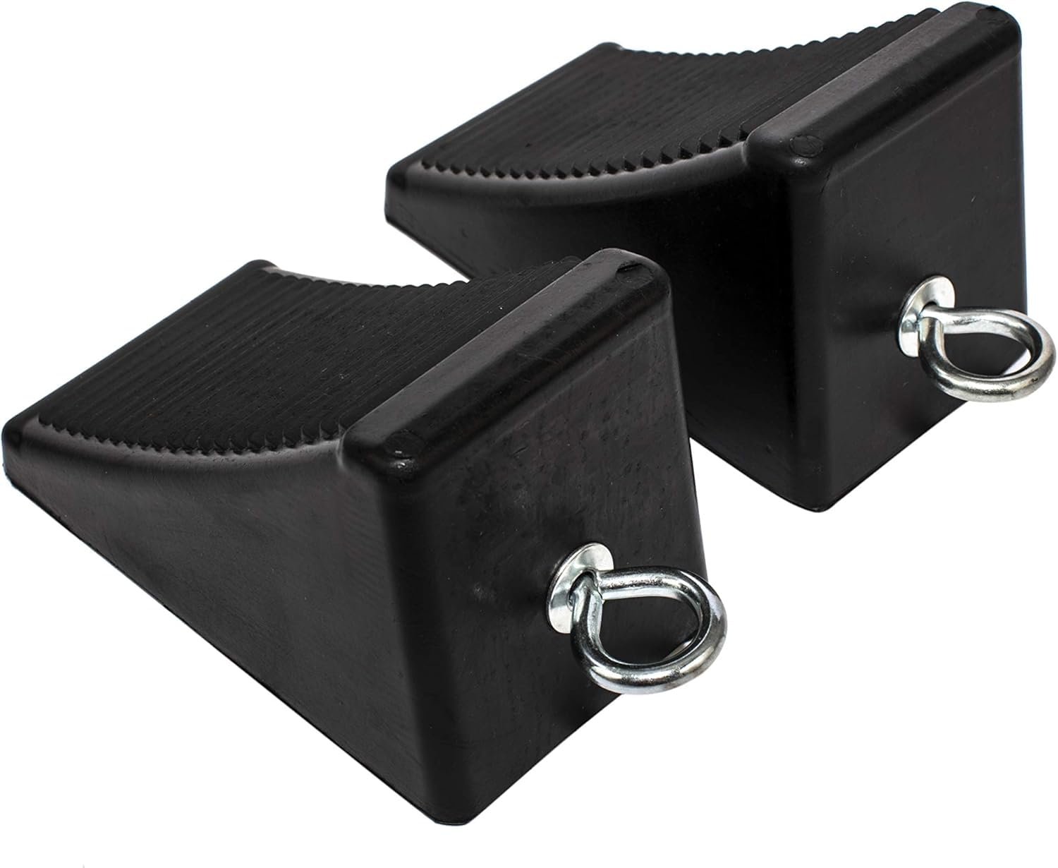 MaxxHaul 50011 heavy-duty rubber wheel chock with eyebolt for secure parking.