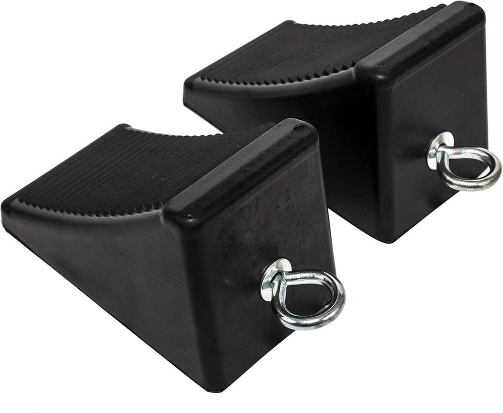 MaxxHaul 50011 heavy-duty rubber wheel chock with eyebolt for secure parking.