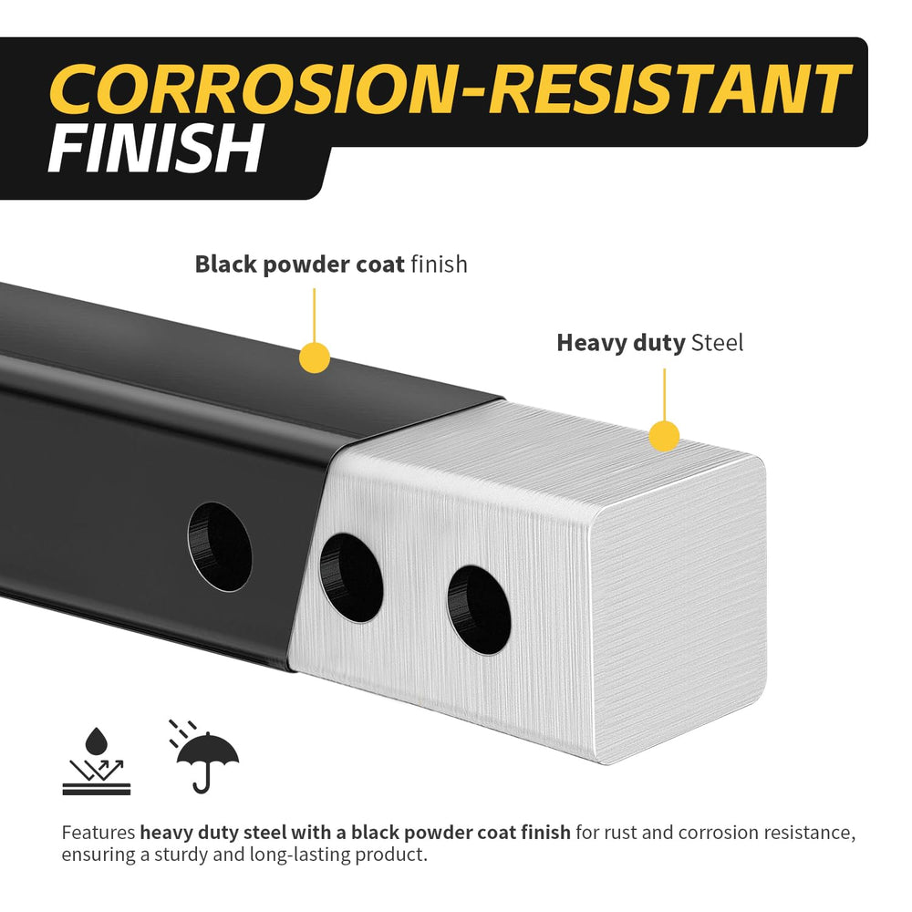 MaxxHaul 50650 hitch riser fits 2-inch receivers and supports up to 500 lbs tongue weight.