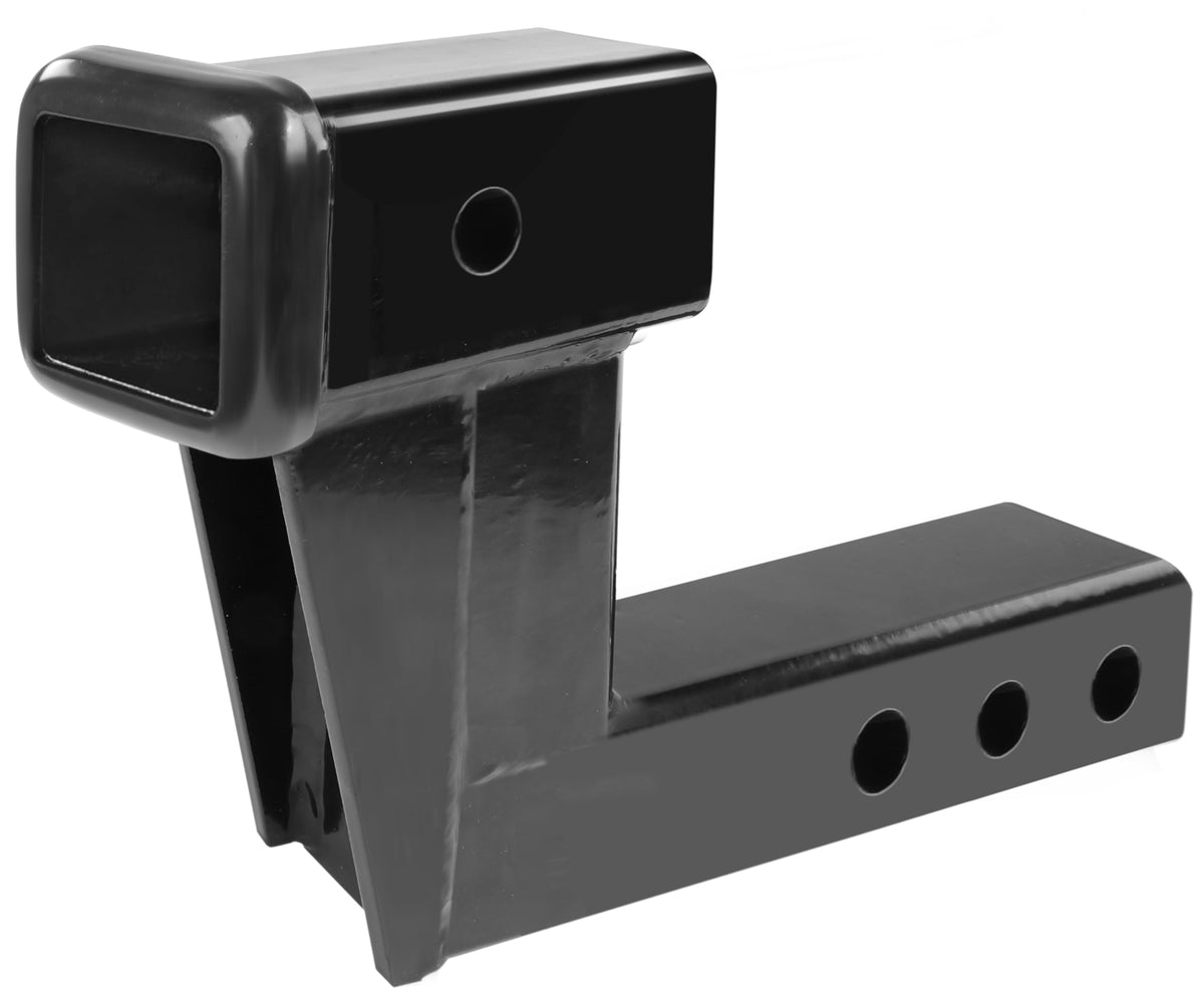 MaxxHaul 50650 hitch riser with 6-inch rise improves ground clearance for hitch accessories.