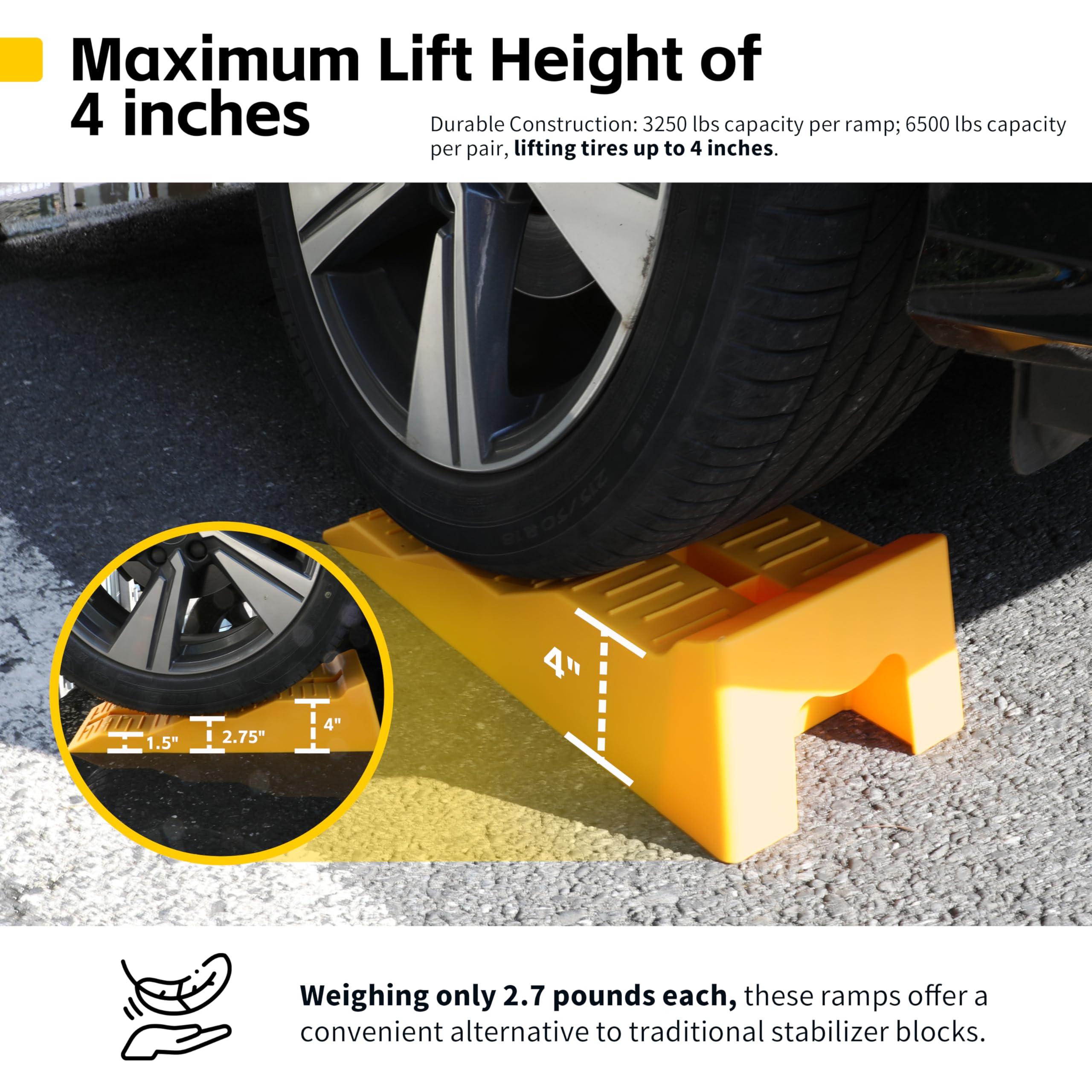MaxxHaul 50939 in-use ramps lifting tires for safe leveling on uneven surfaces.