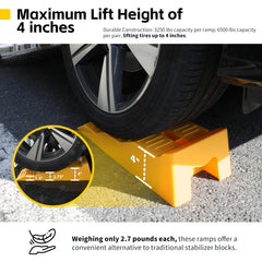 MaxxHaul 50939 in-use ramps lifting tires for safe leveling on uneven surfaces.
