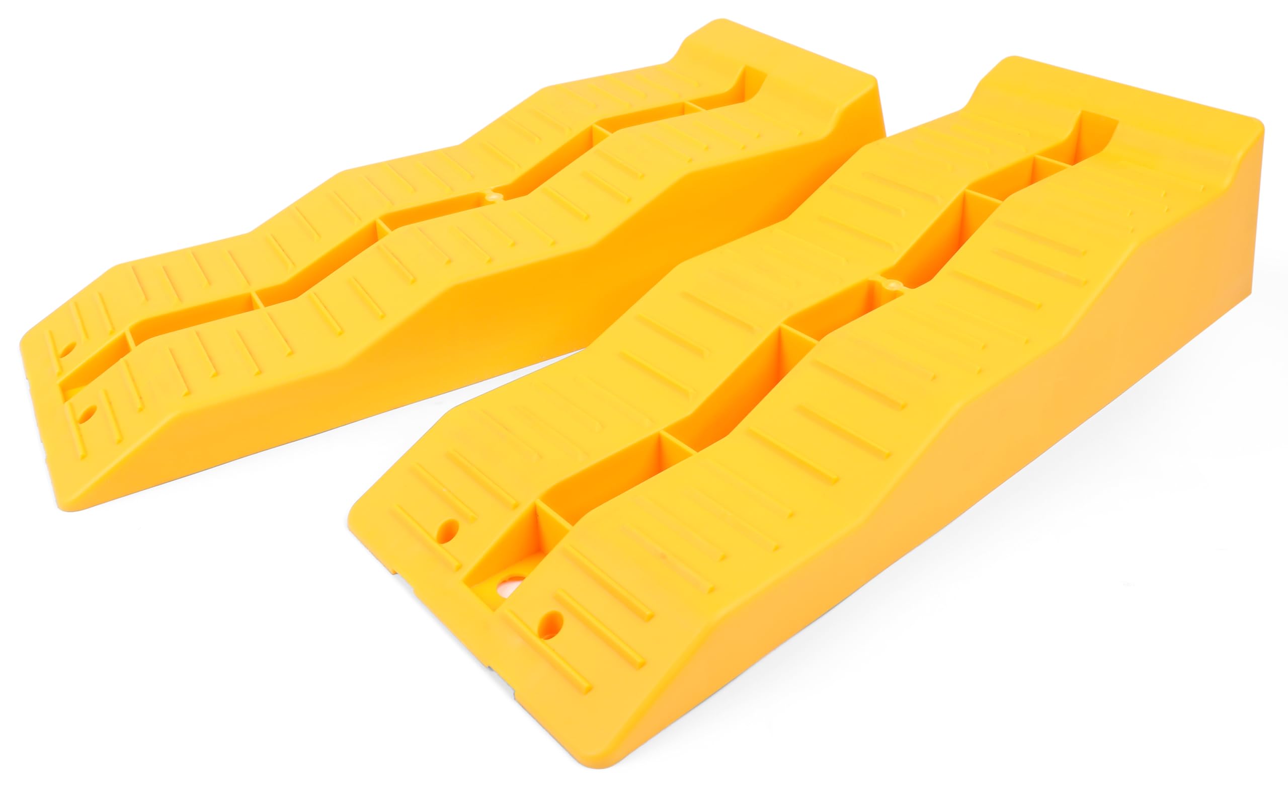 MaxxHaul 50939 3-step leveling ramps, side view, stable parking on uneven terrain.